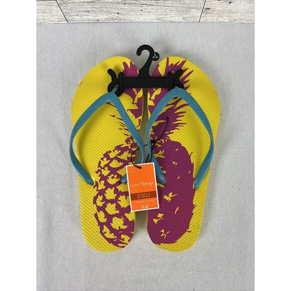 NEW West Loop Women’s Pink, Blue, Yellow Pineapple Flip Flops Size Large 9/10 - Picture 1 of 9